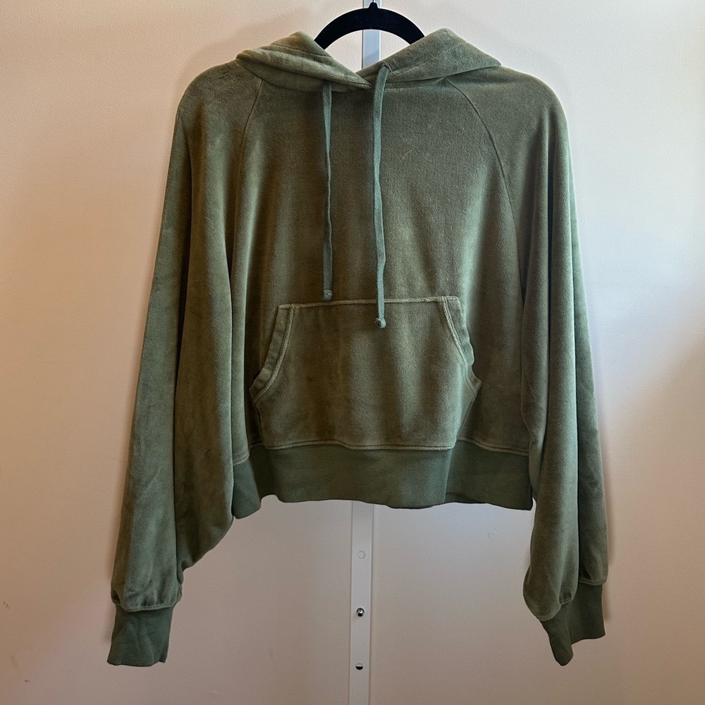Unsubscribed NWT Olive Green Velour Cropped Popover Hoodie